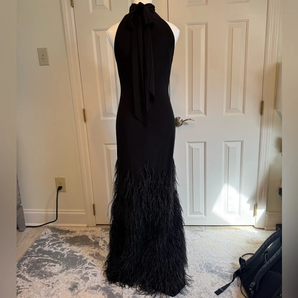 Mac Duggal Black Halter Jersey Gown with ostrich Feathered Skirt size 2 - Picture 3 of 6